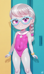 Size: 768x1280 | Tagged: suggestive, silver spoon, 1girl, ai content, ai generated, ass visible through thighs, child, clothes, equestria girls, female, imported from twibooru, lolicon, looking at you, one-piece swimsuit, solo, standing, swimsuit, underage, young