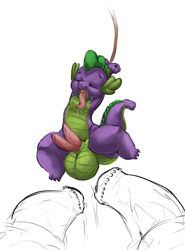 Size: 1560x2111 | Tagged: explicit, artist:theyoungprince, spike, bondage, dragon, foalcon, g4, gay, hemipenis, imported from derpibooru, impossibly large balls, leebait, male, male focus, nudity, offscreen character, penis, rope, solo focus, suspended, tongue out, wide hips