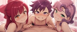 Size: 1536x640 | Tagged: suggestive, apple bloom, scootaloo, sweetie belle, ai content, ai generated, awkward, bed, blushing, bra, breasts, clothes, cutie mark crusaders, delicious flat chest, female, human, humanized, imported from twibooru, lolicon, offscreen character, panties, pov, small breasts, underage, underwear, waking up