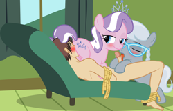 Size: 4672x3017 | Tagged: explicit, grimdark, artist:badumsquish, diamond tiara, silver spoon, oc, oc:anon, oc:generic messy hair anime anon, anus, barefoot, bedroom eyes, blowjob, blushing, bondage, butt, cunnilingus, derpibooru exclusive, diamond buttiara, dock, drool, earth pony, eyes closed, faceful of ass, facesitting, feet, female, female on male, female on male rape, female on top, femdom, filly, foal, foalcon, foaldom, g4, glasses, group sex, human, human male, human male on filly, human on pony action, human penis, imported from derpibooru, interspecies, licking, looking back, male, nudity, on back, on top, open mouth, oral, penis, pony, precum, rape, sex, show accurate, show accurate porn, smiling, straight, threesome, tied up, tongue out, vaginal secretions