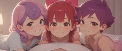 Size: 1536x640 | Tagged: safe, apple bloom, scootaloo, sweetie belle, adorabloom, ai content, ai generated, bed, cute, cutealoo, cutie mark crusaders, diasweetes, female, human, humanized, imported from twibooru, lolicon, looking at you, male, offscreen character, pov, underage, waking up
