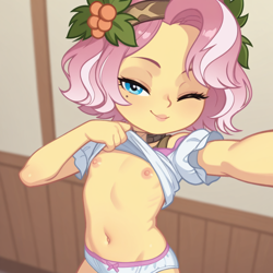 Size: 1024x1024 | Tagged: questionable, 1girl, ai content, ai generated, belly button, bow panties, breasts, closed mouth, clothes, clothes lift, delicious flat chest, equestria girls, female, imported from twibooru, indoors, lifted by self, lolicon, looking at you, nipples, nudity, one eye closed, panties, selfie, shirt, shirt lift, small breasts, smiling, solo, underage, underwear, vignette valencia, young, younger