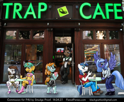 Size: 2000x1637 | Tagged: explicit, artist:smudge proof, princess luna, shining armor, oc, oc:thunder ring, anthro, bedroom eyes, big penis, breasts, cafe, chair, commission, crossdressing, exhibitionism, foalcon, g4, grin, high heels, imported from derpibooru, impossibly large penis, irl, licking lips, male, midriff, nudity, penis, phone, photo, pipsqueak, ponies in real life, public, public nudity, s1 luna, sitting, smiling, snails, snips, spread wings, table, tongue out, trap, wingboner, wings