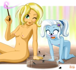Size: 1200x1099 | Tagged: questionable, artist:uotapo, anonymous editor, breasts, edit, equestria girls, female, imported from twibooru, lolicon, mother and child, mother and daughter, nipples, nude edit, nudity, sunflower spectacle, trixie, underage