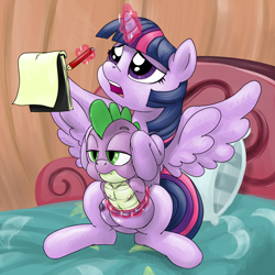Size: 5000x5000 | Tagged: questionable, artist:smudge proof, spike, twilight sparkle, absurd resolution, alicorn, annoyed, bed, big crotchboobs, breast vore, commission, crotchboobs, female, fetish, foalcon, g4, huge crotchboobs, imported from derpibooru, impossibly large crotchboobs, magic, male, mare, nipple penetration, nipple sex, nipples, notebook, nudity, pony, ship:twispike, shipping, spikeprey, straight, twipred, unimpressed, vore, wat