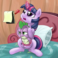 Size: 5000x5000 | Tagged: questionable, artist:smudge proof, spike, twilight sparkle, absurd resolution, annoyed, bed, breast vore, commission, crotchboobs, dragon, female, fetish, foalcon, frown, g4, imported from derpibooru, magic, male, nipple penetration, nipple sex, nipples, notebook, notes, nudity, open mouth, ship:twispike, shipping, sitting, spike is not amused, spikeprey, straight, telekinesis, twipred, unamused, vore, wat