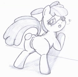 Size: 1200x1192 | Tagged: explicit, artist:an-tonio, apple bloom, anus, blushing, female, foalcon, g4, imported from derpibooru, monochrome, nudity, ponut, presenting, solo, solo female, traditional art, vulva