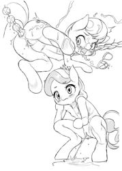 Size: 1098x1534 | Tagged: explicit, artist:iizuna, diamond tiara, silver spoon, anal beads, anal insertion, anthro, arm hooves, blushing, breasts, cum, delicious flat chest, female, foalcon, g4, imported from derpibooru, insertion, monochrome, nudity, pissing, pixiv, sex toy, urine, vulva, watersports