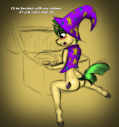 Size: 764x819 | Tagged: questionable, artist:lil miss jay, anthro, banned from derpibooru, blushing, bottomless, bubble butt, butt, cape, clothes, cosplay, costume, crossdressing, derpy hooves, dialogue, femboy, hat, imported from twibooru, magician outfit, male, partial nudity, shotacon, sitting, smiling, snails, solo, solo male, trixie's cape, trixie's hat, underage, young