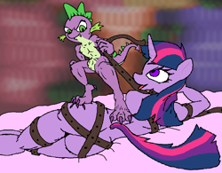 Size: 859x671 | Tagged: explicit, spike, twilight sparkle, anthro, artist needed, banned from derpibooru, bed, bondage, butt, dragon, female, foal, genital slit, imported from twibooru, leather straps, male, nudity, on bed, shipping, shotacon, snaggletooth, standing, straight, tied up, tongue out, twispike, underage, unicorn