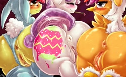 Size: 3021x1853 | Tagged: explicit, artist:dimwitdog, apple bloom, scootaloo, sweetie belle, animal costume, anus, blushing, bodypaint, bunny bloom, bunny costume, chicken suit, clitoris, close-up, clothes, costume, cutie mark crusaders, earth pony, female, foalcon, foreshortening, g4, human vulva on pony, imported from derpibooru, labia, leotard, leotard aside, nudity, paint on fur, pony, presenting, scootachicken, vulva