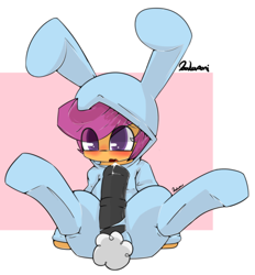 Size: 2000x2159 | Tagged: explicit, artist:bakaponi, scootaloo, blushing, bunny costume, clothes, cute, cute porn, cutealoo, erection, eye clipping through hair, foal, foalcon, futa, futa scootaloo, g4, genitals, high res, horsecock, imported from derpibooru, intersex, nudity, pegasus, penis, pony, precum, solo, solo futa, torn clothes