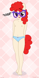 Size: 843x1674 | Tagged: questionable, artist:tolpain, abstract background, anthro, barefoot, belly button, blue panties, blue underwear, blushing, breasts, cameltoe, clothes, delicious flat chest, dialogue, earth pony, feet, female, glasses, imported from twibooru, lolicon, looking at you, nipples, nudity, panties, partial nudity, polka dot underwear, small breasts, solo, solo female, standing, topless, twist, underage, underwear