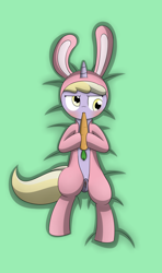 Size: 1600x2700 | Tagged: explicit, artist:pvryohei, blushing, bunny costume, carrot, clothes, derp, dinky hooves, easter, female, foalcon, g4, imported from derpibooru, nudity, solo, solo female, vagina, vaginal secretions