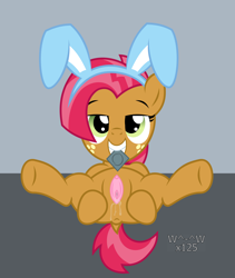 Size: 2960x3514 | Tagged: explicit, artist:sasukex125, babs seed, anus, bunny ears, condom, condom in mouth, easter, female, foalcon, g4, high res, human vulva on pony, imported from derpibooru, looking at you, mouth hold, nudity, ponut, pony, presenting, presenting pussy, show accurate, show accurate porn, smiling, smiling at you, solo, solo female, spread legs, spread pussy, spreading, vagina, vaginal secretions, vulva