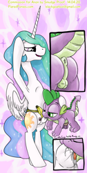 Size: 503x1000 | Tagged: explicit, artist:smudge proof, princess celestia, spike, alternate version, anus, ass, balls, banana, bananus, breast milk, butt, commission, crotchboobs, dragon, female, femdom, foalcon, g4, hemipenis, imported from derpibooru, lactation, male, nipples, nudity, penis, ponut, semi-anthro, sex toy, ship:spikelestia, shipping, straight, strapon, suckling