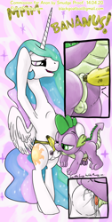 Size: 503x1000 | Tagged: explicit, artist:smudge proof, princess celestia, spike, anal insertion, anus, balls, banana, bananus, breast milk, commission, crotchboobs, dragon, female, femdom, foalcon, g4, imported from derpibooru, insertion, lactation, male, nipples, nudity, pegging, ponut, sex toy, ship:spikelestia, shipping, straight, strapon, suckling