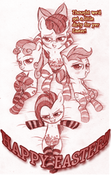 Size: 504x792 | Tagged: questionable, artist:jaxonian, apple bloom, babs seed, scootaloo, sweetie belle, armpits, belly button, big crotchboobs, bodypaint, clothes, crotchboobs, cutie mark crusaders, earth pony, easter, female, filly, foal, foalcon, g4, grin, huge crotchboobs, imported from derpibooru, monochrome, nipples, nudity, oppai loli, paint on fur, panties, pegasus, pony, socks, striped socks, sultry pose, text, underwear, unicorn