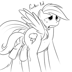 Size: 1500x1500 | Tagged: explicit, artist:kloudmutt, rainbow dash, scootaloo, anus, butt, female, fetish, foalcon, g4, imported from derpibooru, monochrome, nudity, pegasus, plot, pony, preddash, unbirthing, vaginal secretions, vore, vulgar, vulva