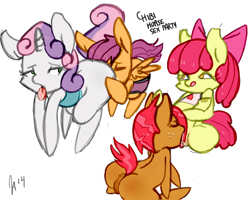 Size: 1280x1026 | Tagged: explicit, artist:somescrub, apple bloom, babs seed, scootaloo, sweetie belle, anus, applecest, butt, chibi, cunnilingus, cutie mark crusaders, earth pony, female, foalcon, g4, imported from derpibooru, incest, lesbian, nudity, oral, orgy, pegasus, plot, pony, sex, ship:appleseed, ship:scootabelle, unicorn, vulva