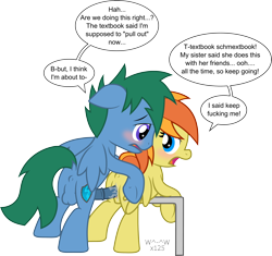 Size: 3709x3487 | Tagged: explicit, artist:sasukex125, oc, oc:graceful sunrise, oc:sabre sparkblaze, anus, creampie request, dialogue, femdom, foalcon, high res, imported from derpibooru, male, malesub, nudity, oc only, pegasus, penetration, penis, pony, sex, simple background, straight, submissive, this will end in pregnancy, transparent background, vagina, vaginal, vaginal secretions, vulgar