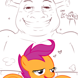 Size: 500x500 | Tagged: questionable, artist:balooga, scootaloo, ahegao, chickun, edit, exploitable meme, female, foalcon, forced meme, g4, implied sex, imported from derpibooru, infidelity, interspecies, male, meme, ogre, pegasus, pony, princess fiona, shrek, shrek (character), shrek is love shrek is life, straight
