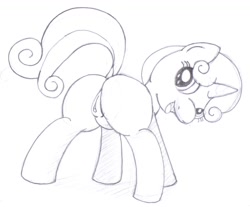 Size: 1446x1199 | Tagged: explicit, artist:an-tonio, sweetie belle, butt, female, foalcon, g4, imported from derpibooru, monochrome, nudity, plot, sketch, solo, solo female, vulva