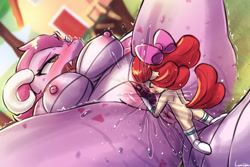 Size: 1125x750 | Tagged: explicit, artist:lumineko, apple bloom, anthro, anus, breasts, clitoris, clothes, dragon, female, imported from twibooru, lolicon, nudity, outdoors, size difference, socks, spread pussy, squirting, underage, vagina, vaginal secretions