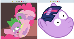 Size: 512x270 | Tagged: explicit, artist:dtcx97, pinkie pie, spike, twilight sparkle, 69 position, age difference, anus, cunnilingus, dragon, dragon on pony action, earth pony, exploitable meme, female, foalcon, g4, horn, imported from derpibooru, interspecies, juxtaposition, male, meme, nudity, oral, ponut, pony, sex, ship:pinkiespike, shipping, straight, trio, underhoof, unicorn, vulva, wingless spike