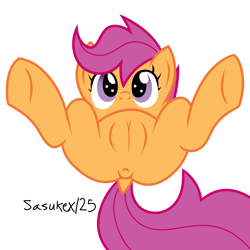 Size: 2000x2000 | Tagged: explicit, artist:sasukex125, scootaloo, anus, female, foalcon, g4, high res, hooves, imported from derpibooru, nudity, ponut, presenting, solo, solo female, underhoof, vagina
