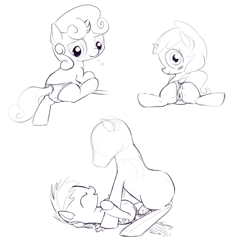 Size: 1949x2129 | Tagged: explicit, artist:a6p, rainbow dash, sweetie belle, anus, crotchboobs, delicious flat crotch, female, foalcon, g4, imported from derpibooru, male, monochrome, nipples, nudity, penis, ponut, reasonably sized genitals, ruby pinch, straight, teats, vagina