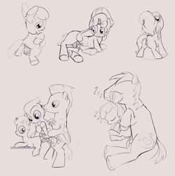 Size: 2614x2625 | Tagged: explicit, artist:a6p, apple bloom, scootaloo, sweetie belle, big macintosh, brothers, crotchboobs, cutie mark crusaders, dinky hooves, earth pony, foalcon, g4, high res, imported from derpibooru, male, nipples, nudity, penis, pony, reasonably sized genitals, rumble, sheath, siblings, stallion, thunderlane