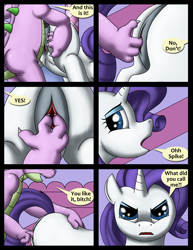 Size: 980x1268 | Tagged: explicit, artist:cobramcjingleballs, rarity, spike, comic:crazy mares, anus, comic, crotchboobs, dragon, female, fingering, foalcon, g4, imminent rape, imported from derpibooru, male, nipples, now you fucked up, nudity, ponut, pony, ship:sparity, shipping, straight, teats, vagina, vulgar, vulva, you dun goofed