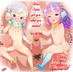 Size: 1249x1236 | Tagged: explicit, artist:born-to-die, diamond tiara, silver spoon, christmas, english, equestria girls, female, holiday, human, human coloration, humanized, imported from twibooru, lolicon, nipples, nudity, penis, underage, vulva
