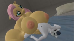 Size: 1280x713 | Tagged: explicit, artist:snuddy, fluttershy, 3d, anthro, banned from derpibooru, bed, big breasts, boob smothering, boobjob, breasts, busty fluttershy, butt, complete nudity, gritted teeth, huge breasts, huge butt, imported from twibooru, large butt, looking down, male, missing cutie mark, one eye closed, pegasus, penis, pillow, rumble, rumbleshy, shotacon, smothering, source filmmaker, underage, wingless, wingless anthro, wip