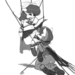 Size: 5000x5000 | Tagged: explicit, artist:kevinsano, apple bloom, sweetie belle, absurd resolution, black and white, bondage, clothes, costume, dildo, dildo gag, duo, earth pony, eyes closed, female, foalcon, g4, gag, grayscale, imported from derpibooru, lesbian, mare do well, monochrome, multiple variants, nudity, pecker gag, pony, rope, sex toy, skirt, superfilly, superhero, suspended, sweetie do well, tied up, tongue out, torn clothes, unicorn, upskirt, vagina