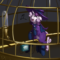 Size: 5000x5000 | Tagged: explicit, artist:kevinsano, sweetie belle, absurd resolution, birdcage, bondage, bondage furniture, cage, clothes, costume, dildo, electric sex, female, foalcon, fucking machine, g4, horn, horn ring, imported from derpibooru, machine, magic suppression, mare do well, nudity, pony, sex toy, solo, solo female, source needed, sweetie do well, unicorn, vulva