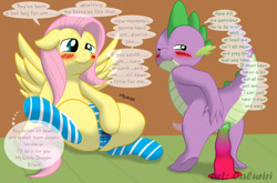 Size: 1200x791 | Tagged: explicit, artist:caluriri, fluttershy, spike, anal insertion, anus, ass, blue underwear, blushing, butt, casual masturbation, clothes, dialogue, dildo, dildo sitting, dragon, duo, exhibitionism, female, femdom, flutterdom, foalcon, g4, imported from derpibooru, insertion, it ain't easy being breezies, legwear, male, malesub, masturbating together, masturbation, my little pony: friendship is magic, nudity, panties, pegasus, penis, pony, sex toy, ship:flutterspike, shipping, socks, speech bubble, spread wings, straight, striped socks, striped underwear, submissive, thigh highs, through clothes, underwear, vaginal secretions, watching, wingboner, wings