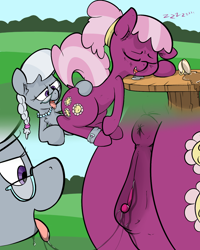 Size: 1200x1500 | Tagged: explicit, artist:whydomenhavenipples, silver spoon, anatomically correct, anus, cheerilee, clitoris, cunnilingus, drool, drool string, drugged, earth pony, female, filly, filly on mare, foal, foalcon, foaldom, g4, imported from derpibooru, lesbian, nudity, oral, ponut, pony, reverse foalcon, sedation, sex, ship:cheerispoon, shipping, sleeping, somnophilia, table, tea, vulva, vulvar winking