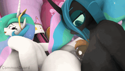 Size: 1200x675 | Tagged: explicit, artist:commonguard, artist:commonroyalguar, princess celestia, queen chrysalis, 3d, ahegao, alicorn, amazon, analingus on female, animated, anthro, anus, ass, banned from derpibooru, bedroom eyes, big breasts, breasts, busty princess celestia, busty queen chrysalis, butt, carousel boutique, changeling, changeling queen, crown, drinking, edit, eyes rolling back, eyeshadow, female, femdom, fetish, ffm threesome, gif, group sex, gulp, imported from twibooru, impossibly large ponut, jewelry, large ponut, larger female, looking back, looking down, makeup, male, male on female analingus, musk, nudity, open mouth, open smile, perfect loop, ponerpics original, ponut, regalia, sex, shotacon, size difference, smaller male, snout penetration, source filmmaker, straight, straight shota, sweat, sweaty ponut, threesome, tongue out, underage