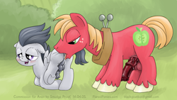 Size: 1500x848 | Tagged: explicit, artist:smudge proof, age difference, analingus, analingus on male, anus, balls, big dom small sub, big macintosh, big macintosh's yoke, butt, colt, commission, earth pony, erection, foal, foalcon, g4, gay, green eyes, horse collar, imported from derpibooru, licking, male, male on male analingus, maledom, malesub, nudity, oral, outdoors, pegasus, penis, plot, pony, purple eyes, rumble, rumblemac, stallion, stallion on colt, submissive, tongue out, vein, veiny cock
