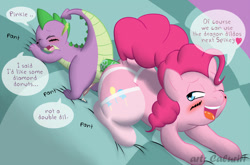 Size: 1200x791 | Tagged: explicit, artist:caluriri, pinkie pie, spike, age difference, ahegao, anal insertion, anal orgasm, blushing, both sexes in same situation, butt to butt, dialogue, dildo, doubleheaded dildo, dragon, duo, duo male and female, earth pony, female, foalcon, g4, imported from derpibooru, insertion, male, orgasm, pony, sex toy, ship:pinkiespike, shipping, speech bubble, straight, wingless spike
