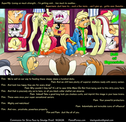 Size: 1500x1446 | Tagged: explicit, grimdark, artist:smudge proof, apple bloom, applejack, sweetie belle, abandon all hope, abs, abuse, ahegao, anthro, aphrodisiac, app-el, apple bloom's bow, applebuse, applesub, audience, belly button, bloomsub, blowjob, bondage, bottomless, breasts, clothed male nude female, clothes, collar, commission, crying, deepthroat, domination, drama, earth pony, exhibitionism, fall of equestria, featherweight, female, femsub, flam, flim, flim flam brothers, foalcon, force feeding, forced orgasm, fucking machine, g4, imported from derpibooru, jackabuse, kidnapped, kneeling, kryptonite, machine, male, maledom, mare do well, midriff, mind break, muscles, nipple clamps, nipples, nonconsensual, nudity, oral, panties, panties around legs, panties aside, partially undressed, pegasus, pipsqueak, ponified, poster, public, public humiliation, public sex, rape, rumble, sex, sex toy, ship:flimflamjack, skirt, smiling, snails, snips, stage, submissive, superfilly, supergirl, superhero, superman, supermare, sweet apple acres, sweetie do well, text, the ride never ends, tied up, torn clothes, underwear, unicorn, upskirt, vagina, vaginal, vaginal secretions, vibrator, vulgar