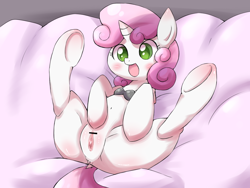 Size: 1024x768 | Tagged: explicit, artist:raibo, sweetie belle, anus, blushing, bra, censor bar, censored, clothes, female, foalcon, g4, imported from derpibooru, nudity, pointless censoring, solo, solo female, underhoof, underwear, vagina, vulva