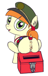 Size: 526x836 | Tagged: explicit, artist:a6p, alternate version, anatomically correct, anus, bedroom eyes, butt, clitoris, dead source, donation box, ear fluff, earth pony, female, filly, filly guides, foal, foalcon, freckles, g4, girl scout, heart clitoris, imported from derpibooru, looking at you, looking back, mottled genitals, nudity, open mouth, plot, ponut, pony, presenting, prostitution, puckered asshole, puffy vulva, raised tail, ribbon, solo, solo female, tag-a-long, tail wrap, thin mint, tongue out, vulva, vulvar winking