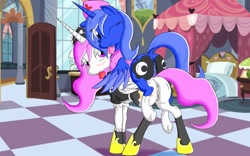 Size: 2560x1600 | Tagged: explicit, artist:navanastra, princess celestia, princess luna, anus, bedroom eyes, blushing, butt, clothes, condom, dock, female, foalcon, g4, imported from derpibooru, looking at you, looking back, maid, moonbutt, mouth hold, nudity, nurse, pink-mane celestia, ponies riding ponies, raised tail, riding, smiling, socks, sunbutt, underhoof, vulva, wink, younger
