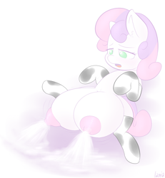 Size: 891x963 | Tagged: questionable, artist:lamia, sweetie belle, big crotchboobs, big nipples, breast milk, clothes, cowbelle, cowprint, crotchboobs, female, foalcon, g4, huge crotchboobs, hyper lactation, imported from derpibooru, impossibly large crotchboobs, jiggle, lactation, milk, milk squirt, nipples, nudity, open mouth, oppai loli, puddle, socks, solo, solo female