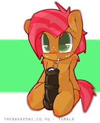 Size: 1104x1360 | Tagged: explicit, artist:bakaponi, babs seed, blushing, chest fluff, cum, cum in mouth, cum in own mouth, earth pony, erection, foal, foalcon, futa, futa babs seed, g4, horsecock, imported from derpibooru, intersex, kneeling, nudity, penis, pony, semi-anthro, solo, solo futa