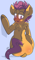 Size: 1136x1920 | Tagged: explicit, artist:youwannaslap, scootaloo, balls, blushing, foalcon, g4, imported from derpibooru, looking back, male, nudity, rule 63, scooteroll, solo, solo male