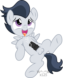Size: 2775x3411 | Tagged: explicit, artist:sasukex125, balls, colt, cum, cum in mouth, cum in own mouth, cum on tongue, foal, foalcon, g4, high res, imported from derpibooru, male, masturbation, nudity, on back, pegasus, penis, pony, rumble, show accurate, show accurate porn, solo, solo male